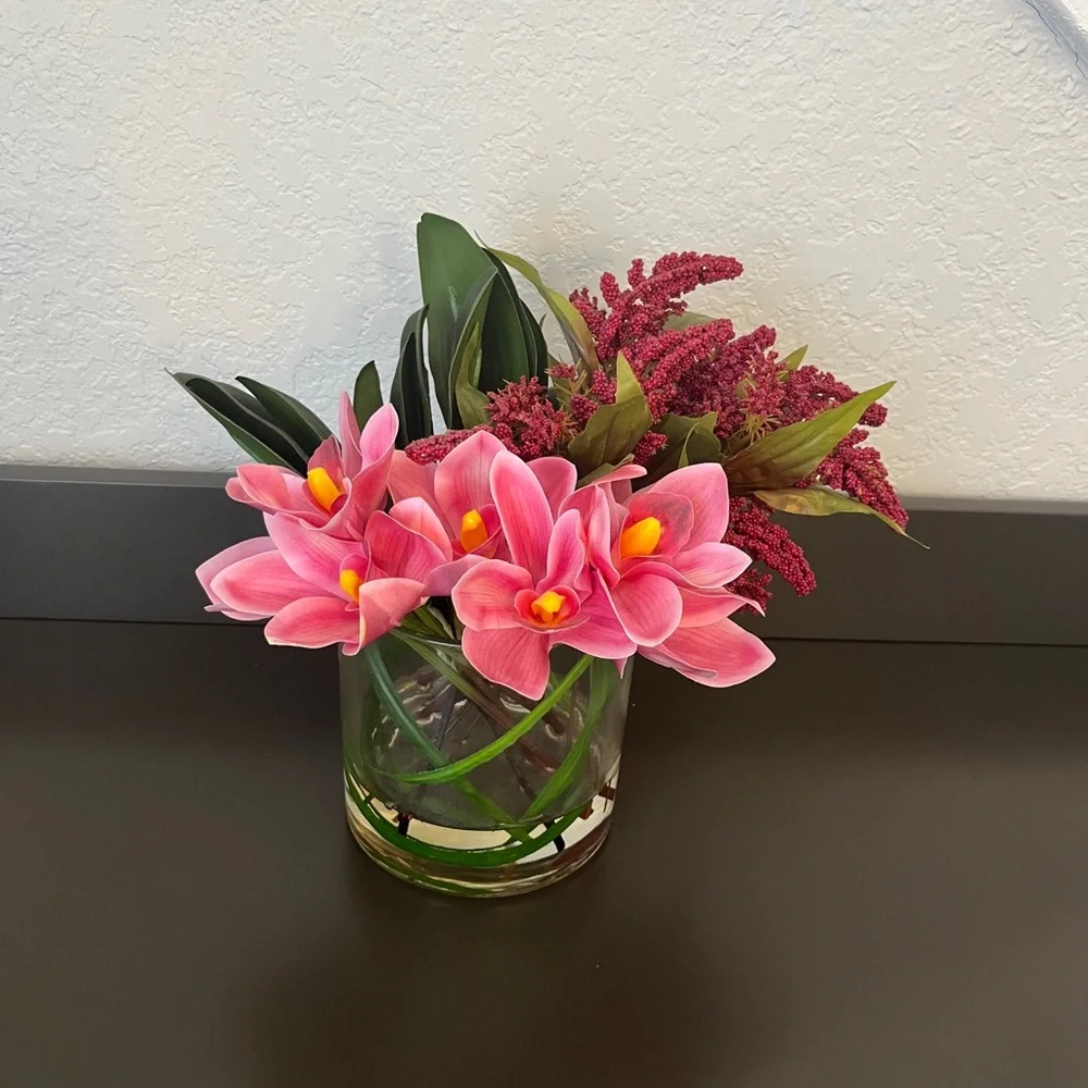 Faux orchid floral arrangement /orchid centerpiece / tabletop decor/ real touch